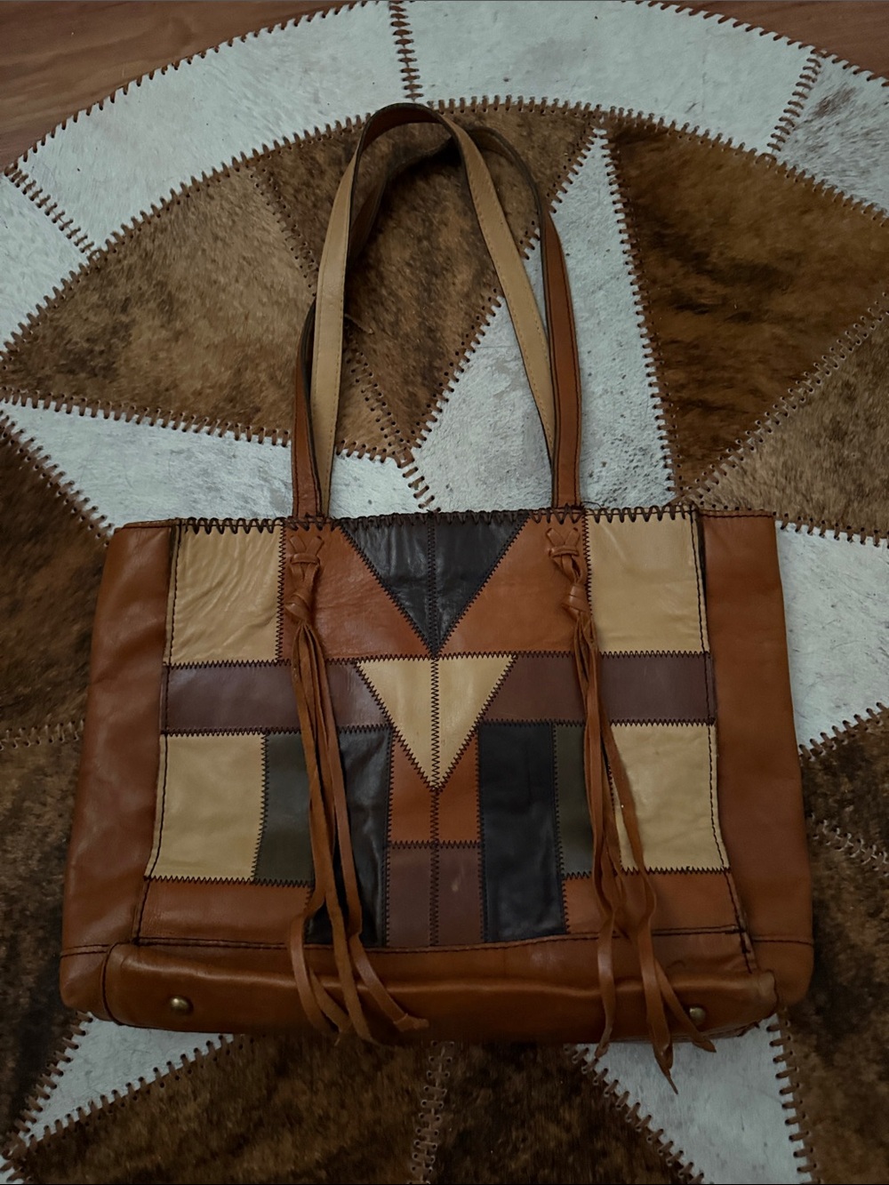 Patricia Nash Patchwork Leather Tote in Brown and Tan